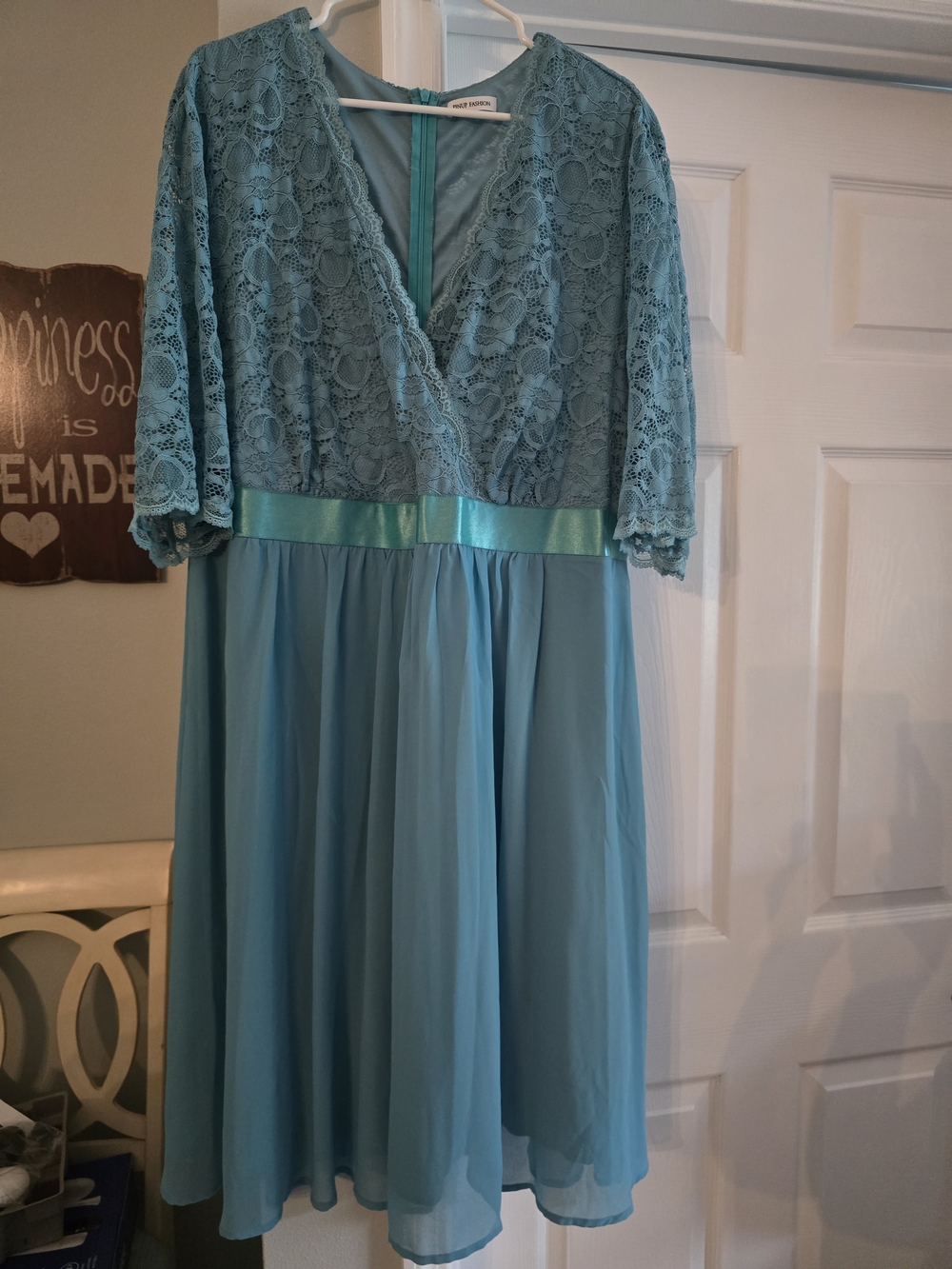 Teal Lace & Chiffon V-Neck Dress